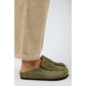 Ziva 2 Kadın Hakiki Deri Loafer Sabo Haki Terlik