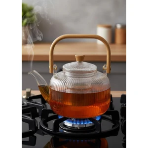 Bambu Saplı Cam Demlik - Cam Çaydanlık - 1 Litre