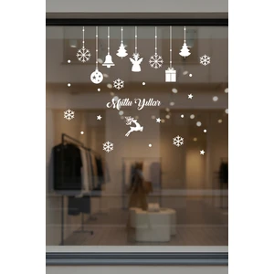 Mutlu Yıllar Yazısı Kar Taneleri ve Kutular Balonlar Vitrin Stickerları Yılbaşı Cam Kapı Sticker 70X50 cm