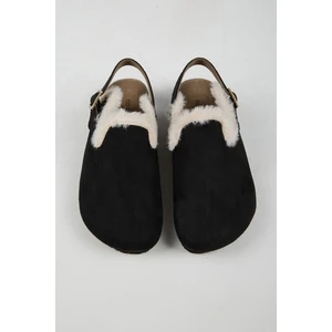 Lapaz Kürklü Kadın Vegan Deri Tokalı Siyah Sabo Terlik