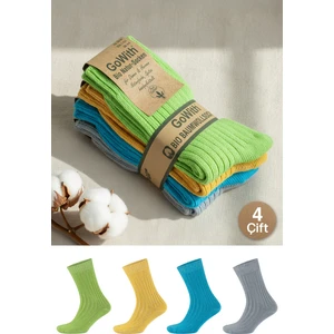 4 Çift Kadın Erkek Renkli Bio Naturel %100 Doğal Pamuklu Ribana Örgü Dikişsiz Soket Çorap 3014