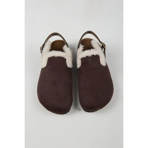 Lapaz Kürklü Kadın Vegan Deri Tokalı Kahverengi Sabo Terlik