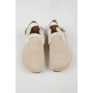 Lapaz Kürklü Kadın Vegan Deri Tokalı Bej Sabo Terlik