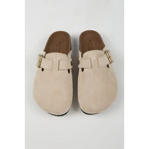 Cancun Kadın Vegan Deri Tokalı Bej Sabo Terlik