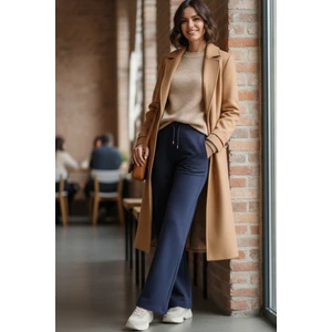 Pamuklu Kadın Eşofman Altı Yüksek Bel Lacivert Flare Fit Geniş Paça Ipli Cepli Esnek Yumuşak Likra