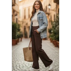 Pamuklu Kadın Eşofman Altı Yüksek Bel Flare Fit Geniş Paça Ipli Cepli Esnek Yumuşak Likra Acı Kahve