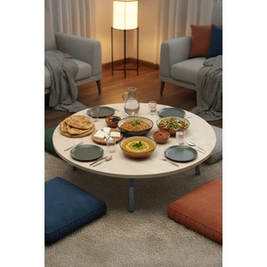 Zevahir Mobilya Dekorasyon Ahşap Desenli Metal Katlanır Ayaklı Kamp Bahçe Ev Için Yuvarlak Yer Sofrası