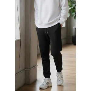 Pamuklu Erkek Siyah Eşofman Altı Jogger Bağcıklı Cepli Relax Fit Rahat Kalıp Yumuşak Tuşe 3 Iplik