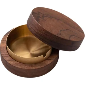 Paslanmaz Çelik Yuvarlak Ultra Şık Küllük, Kapaklı Ceviz Ağacı Paslanmaz Çelik Kül Tablası