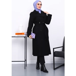 İmaj Butik Siyah Kruvaze Yaka Kuşaklı Kaşe Kaban