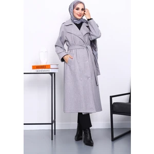 İmaj Butik Gri Kruvaze Yaka Kuşaklı Kaşe Kaban