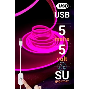 Ema Dükkan 5V USB Neon LED Şerit 5 Metre Pembe | Silikonlu Su Geçirmez Esnek Aydınlatma