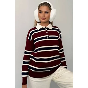 Ded Collection Kadın Polo Yaka 3 Düğmeli Lacivert Beyaz Çizgili Bordo Kazak