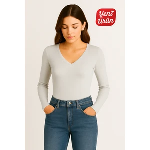 V Yaka Uzun Kol Fitilli Bluz