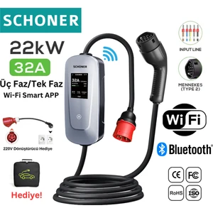 22KW Taşınabilir Elektrikli Araç Şarj Istasyonu Wi-Fi / Bluetooth Smart 5 Metre Tip2 Kablolu Trifaz/monofaz 32A