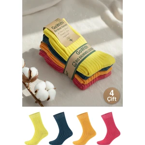 4 Çift Kadın Erkek Renkli Bio Naturel %100 Doğal Pamuklu Ribana Örgü Dikişsiz Soket Çorap 3014