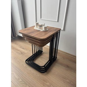 Metal Siyah Tekerlekli 4 Lü   Ceviz Zigon Sehpa