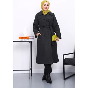 İmaj Butik Antrasit Kruvaze Yaka Kuşaklı Kaşe Kaban