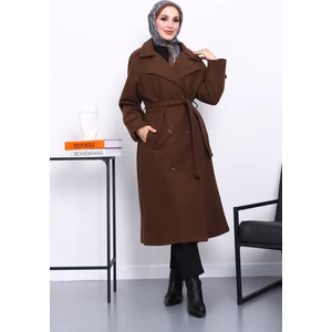 İmaj Butik Kahverengi Kruvaze Yaka Kuşaklı Kaşe Kaban