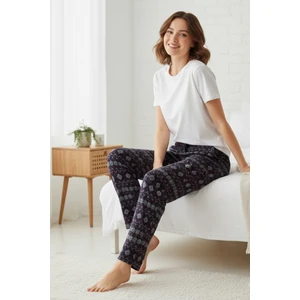 Elemge %100 Pamuk Desenli Kadın Pijama Altı Interlok Kumaş Rahat Kalıp Kurdeleli Lacivert Yılbaşı Temalı