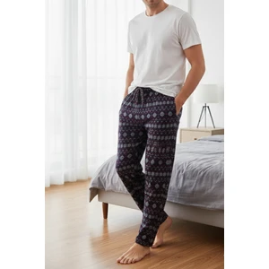 Elemge %100 Pamuk Desenli Erkek Pijama Altı Interlok Kumaş Rahat Kalıp Cepli Ipli Lacivert Yılbaşı Temalı