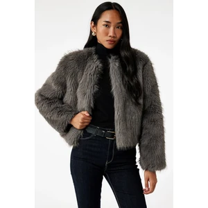 Kadın Koton x Sibil Çetinkaya - Uzun Kollu Bisiklet Yaka Crop Suni Kürk Mont 6WAK20138EW