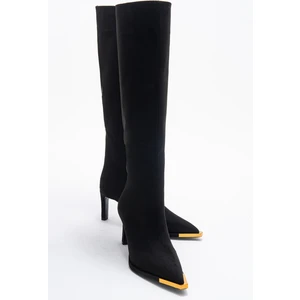 Lexa Siyah Süet Altın Detaylı Sivri Burunlu Kadın Topuklu Çizme