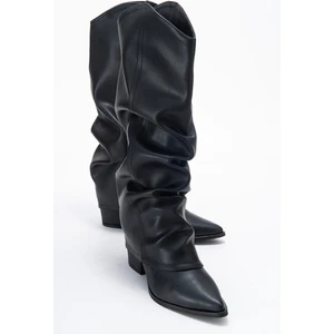 Elarıs Siyah Cilt Körüklü Kadın Kalın Topuklu Çizme