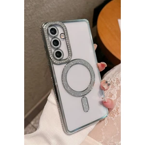 Nezih Case Samsung Galaxy A15 Uyumlu Taşlı Magsafe Şarj Özellikli Kamera Korumalı Simli Kılıf