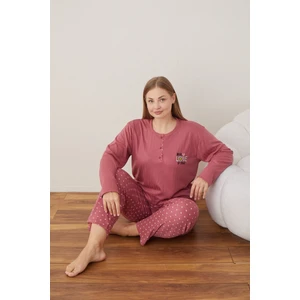 Kadın Kışlık Büyük Beden Curve Nakışlı Desenli Yakası Düğmeli Uzun Kollu Pijama Takımı