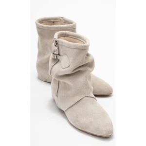 Noar Bej Süet Hakiki Deri Büzgülü Fermuarlı Kadın Bot
