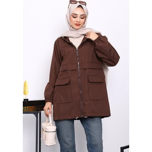 İmaj Butik Kahverengi Kapüşonlu Fermuarlı Kısa Trenç