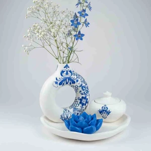 Dekoratif  Seramik Görününlü Beyaz Donut Vazo ve Kase Ev Ofis Dekoru