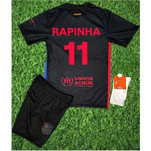 Legent Lady Kopya - Rapinha Barcelona Siyah Deplasman Çocuk Forma Takımı 3'lü Set Çorap Hediyeli