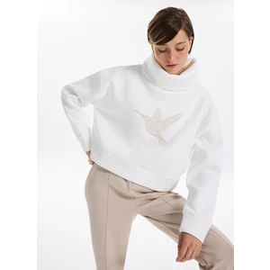 Balıkçı Yaka Nakışlı Beyaz Kadın Sweatshırt F5WL-SWT0233