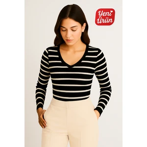 V Yaka Uzun Kol Fitilli Bluz