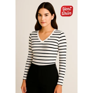 V Yaka Uzun Kol Fitilli Bluz