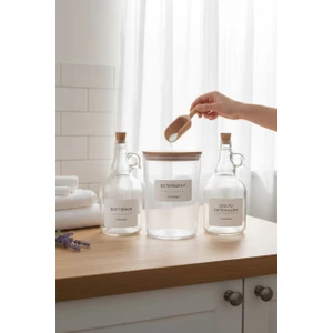 Zeze Desing 3'lü Set - Ahşap Kapaklı Toz Deterjan Kavanozu & Sıvı Deterjan ve Yumuşatıcı Şişesi Mantar Kapak