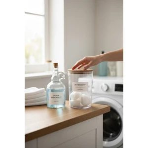 Zeze Desing Ahşap Kapaklı Toz Deterjan Kavanozu / Kutusu 2300ML ve Sıvı Deterjan Şişesi Mantar Kapak 1000ML