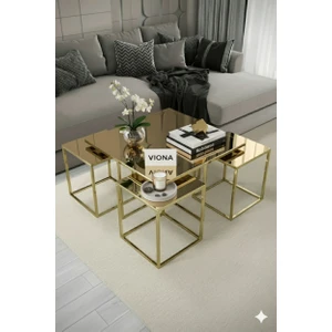 Big Suut Lizbon 5'li Gold Kaplama Bronz Aynalı Orta Sehpa & Zigon Sehpa & Yan Sehpa & Bohem Sehpa Takımı