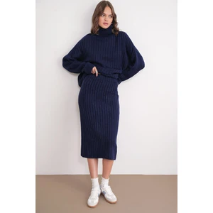 6929 Kadın Fitilli Triko Etek Lacivert