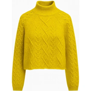 6855 Kadın Dik Yaka Saç Örgülü Triko Kazak Hardal