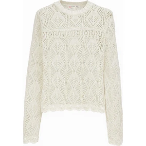 6867 Kadın Kare Desen Ajurlu Triko Kazak Beyaz