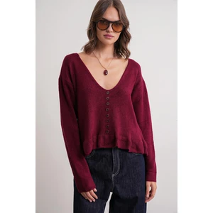 6954 Kadın Fırfır Detaylı V Yaka Triko Kazak Bordo