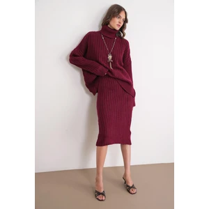 6929 Kadın Fitilli Triko Etek Bordo