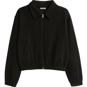 4764 Kadın Basic Fermuarlı Fitilli Örme Selanik Ceket Siyah