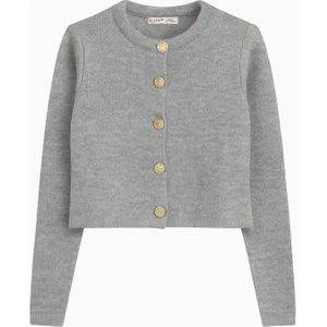 6722 Kadın Gold Düğmeli Basic Pike Triko Hırka Gri