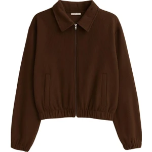 4764 Kadın Basic Fermuarlı Fitilli Örme Selanik Ceket Kahve