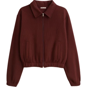 4764 Kadın Basic Fermuarlı Fitilli Örme Selanik Ceket Mürdüm