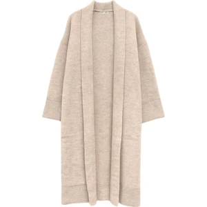 6975 Kadın Şal Yaka Uzun Triko Hırka Bej